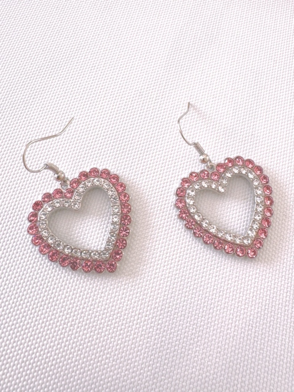 Pink and Clear Crystal Glass and Silver Heart Hoop Earrings - Picture 3 of 4